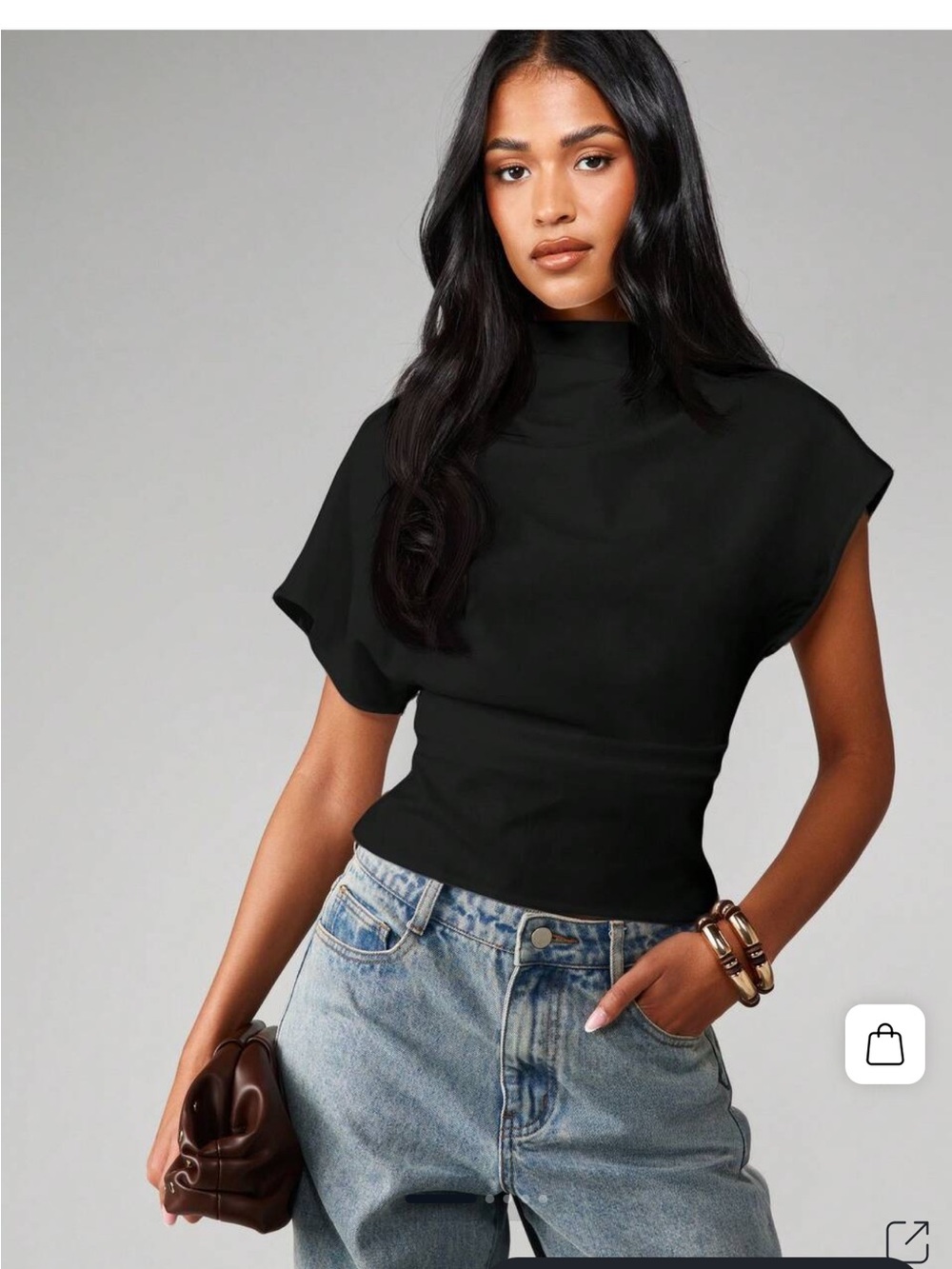 Missguided mock neck fitted black ruched top, with dolman sleeves